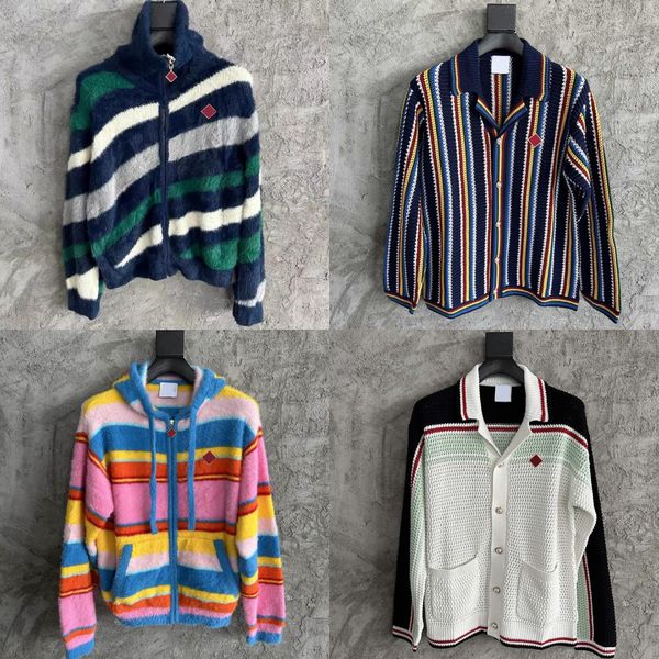 

25ss Casabalnc High-quality trend autumn and winter new colorful striped knitted hooded jacket men and women designer zipper wool knit cardigan sweater coat tops TN, Lightyellow