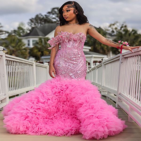 Pink Mermaid Prom Dresses 2025 Flowers Crystals Tiers Tulle Evening Formal Party Second Birthday Engagement Gowns Plus Size Dress For Special Occasions