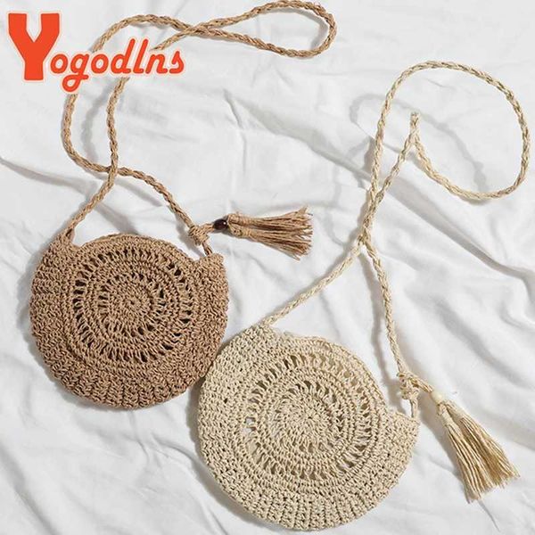 Yogodlns Round Soft Paper Rope Shoulder Bag Tassel Summer Beach Handmade Crossbody Bags Women Hollow Straw Bag Circle Rattan Bag W250626