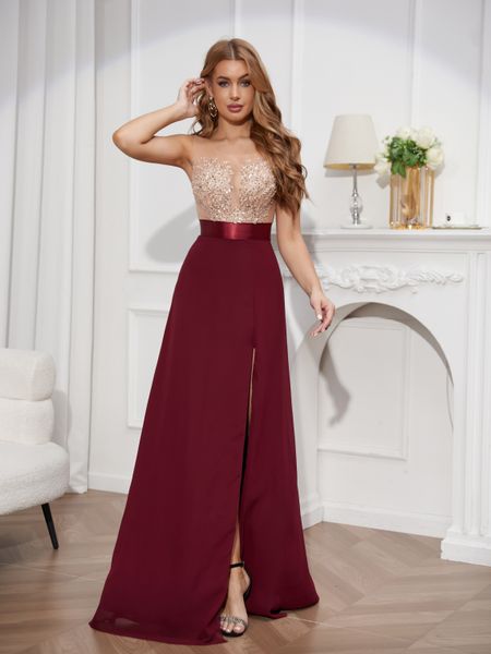 Prom dress trailing skirt fashion beaded sexy slim split chest perspective three-dimensional flower dress elegant tulle dress prom dress bridesmaid