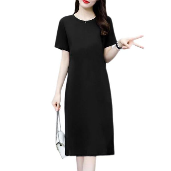 100 cotton short-sleeved dress women 2025 new summer casual thin age reduction in the long section of the knee t-shirt skirt