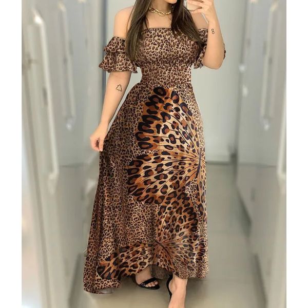 Leopard Dress Women Off Shoulder Ruffle Sleeve Summer Dress Sexy Strappy Slash neck Vestido Long Sundress Party Dresses