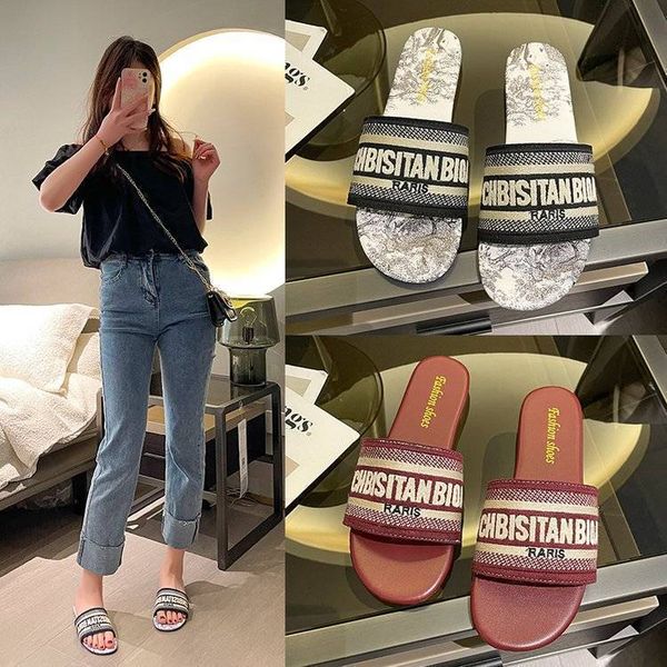 

hot designer slippers flat slides for womens sandals girl blue pink fashion embroidery slipper outdoor shoes size 35-42 004, #2