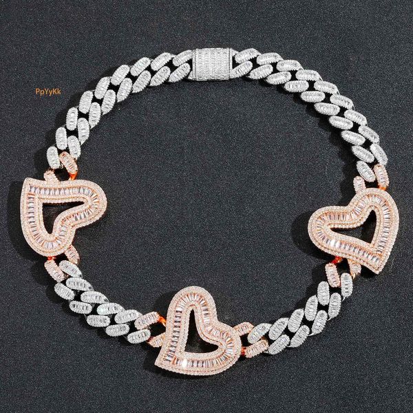 

New Love Heart Cuban Link Chain Baguette Moissanite Peach Heart Unisex Trendy Iced Out Accessory Bling Bling Necklace Pass the diamond tester