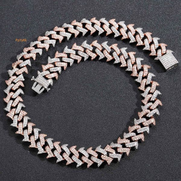

18mm Pink White Moissanite Iced Out Spike Thorn Cuban Chain Spring Clasp Men Hip Hop Necklace Pass the diamond tester