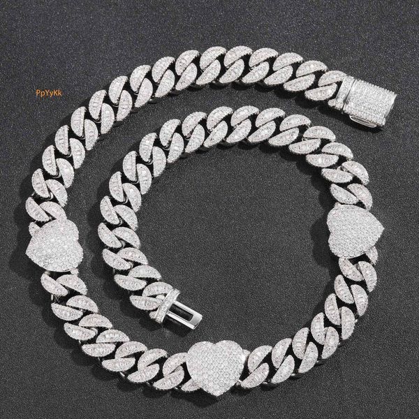 

New 15mm Love Heart Cuban Link Chain Baguette VVS Moissanite Full Pave Trendy Men's Hiphop Luxury Bling Bling Necklace Pass the diamond tester