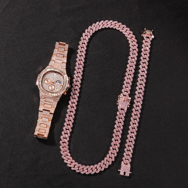 

Luxury Jewelry VVS Moissanite New Fashion Iced Out Watch 12mm Gold Plated Necklace Bracelet Men's Hip Hop Jewelry Set Pass the diamond tester, Gold 12mm cuban suit (8inch bracelet +