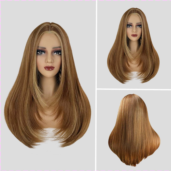 European and American natural-looking parted highlighted hot-haired synthetic wig headpiece with long straight and slightly wavy hair wig headpiece