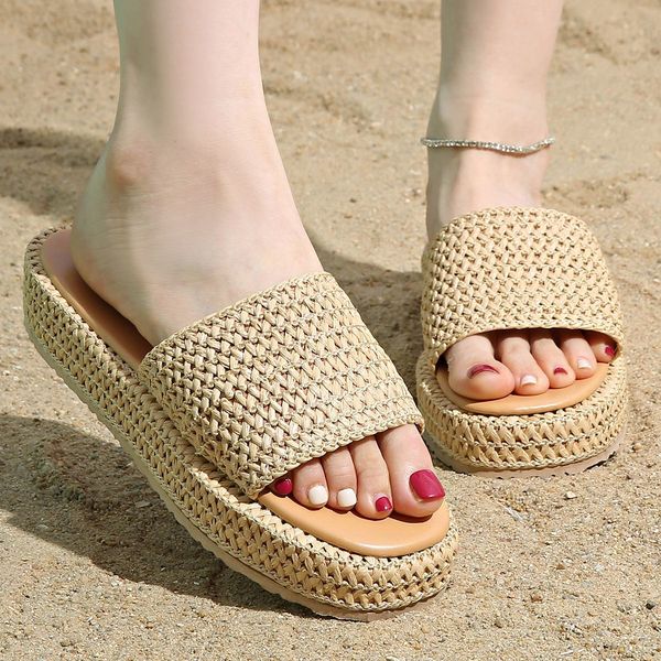 

9.9 shipping Women Slippers size 35-43 Crochet Flatform Slides Summer Sandals Platform Beach Chunky raffias High Quality Designer Mules Outdoor Woven Straw Slip-on, Khaki
