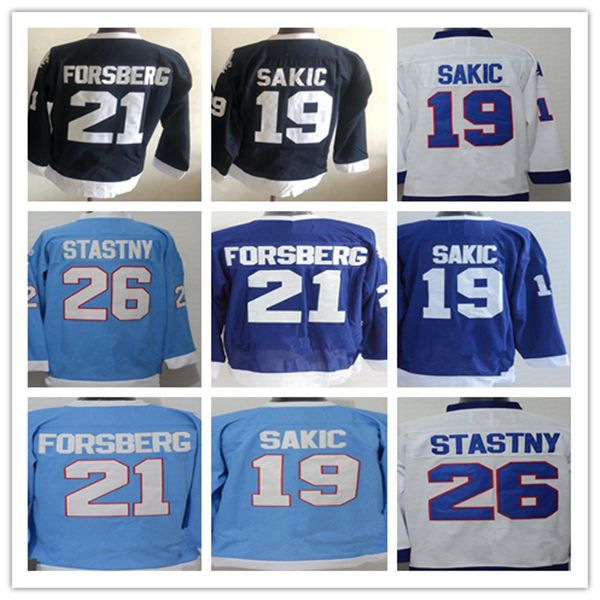

Men Throwback Hockey Jerseys 19 Joe Sakic 21 Peter Forsberg 13 Mats Sundin 26 Peter Stastny 10 Guy Lafleur Light Blue White Black Stitched Uniforms, As pic 12