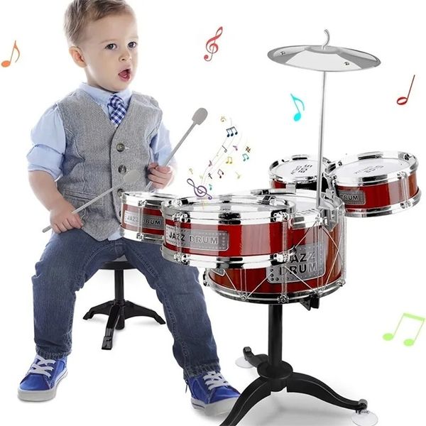 Kids Drum Set Musical Toy Drum Kit for Toddlers Jazz Drum Set with Stool 2 Drum Sticks Cymbal and 5 Drums Musical Instruments 240518