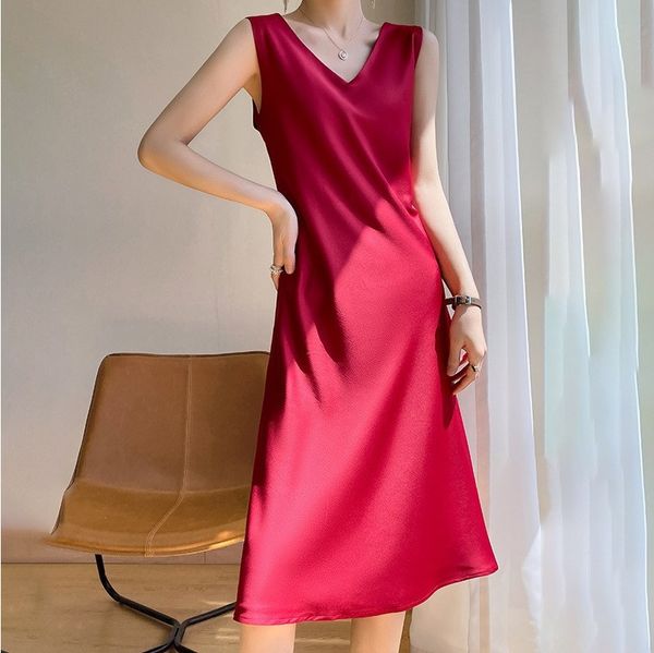 (249) Acetate Satin Suspender Dress Sleeveless Black Long Knee-length Dress