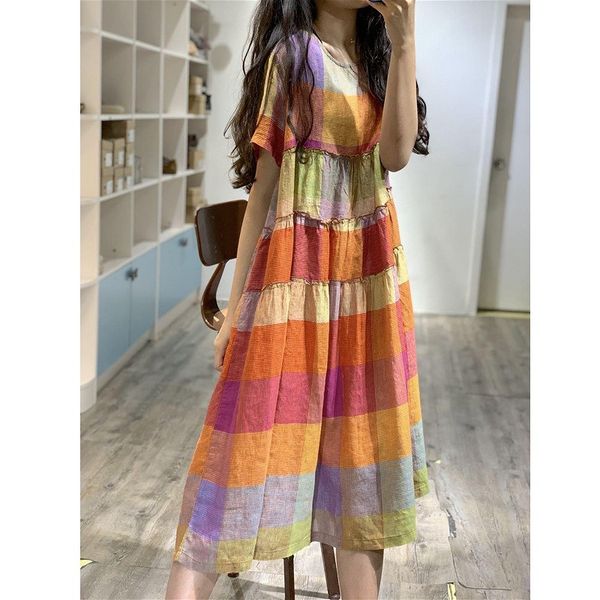 608 Summer new temperament literary plus size skirt splicing pleated loose casual swing medium and long plaid dress