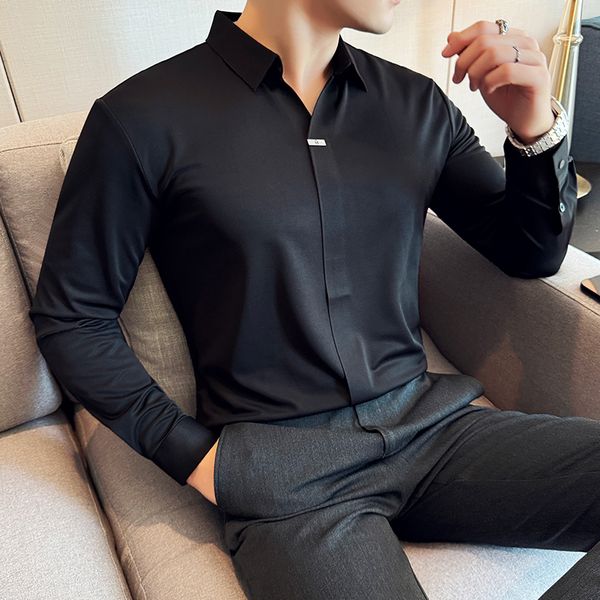 

High Elastic V-neck Non-marking POLO Shirt 2024 Autumn New Long sleeved Casual Business Solid Color T-shirt Men' Clothing, Black