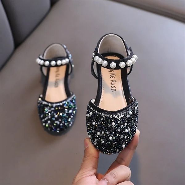 AINYFU Girls Sequin Flat Sandals Kids Fashion Pearl Flats Wedding Party Shoes Childrens Bling Princess Non-slip Sandals 250208