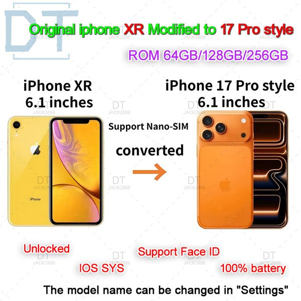 Unlocked Apple iPhone XR converted to iPhone 17 Pro style phone 4G LTE 17 Pro original box sealed packaging 3GB RAM+256GB ROM OLED screen battery 100% battery health
