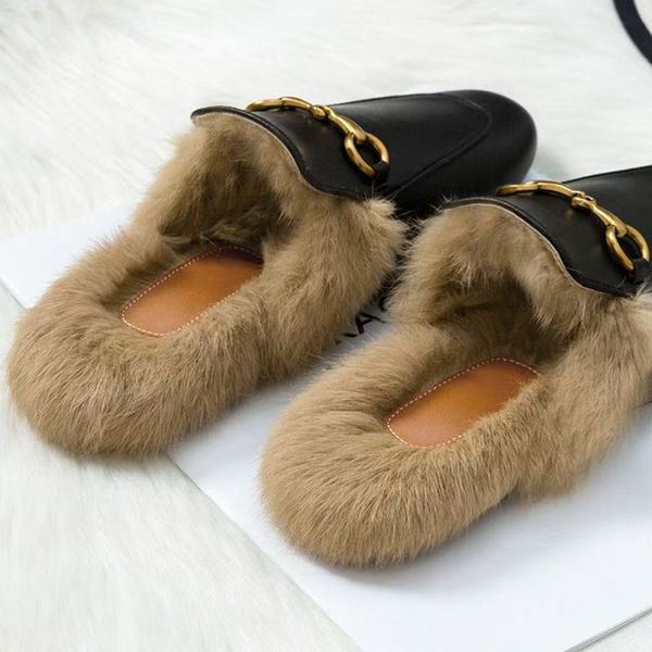 

women slippers Fur slides sandals winter mules leather sandal Princetowns slipper Loafers Mules classic Flat Dress shoes, Brick red