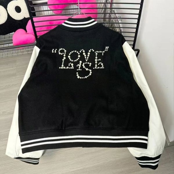 

Designer jacket, embroidered patchwork baseball jersey, trendy pearl decoration, unisex jacket, coat, warm outdoor versatile, Black