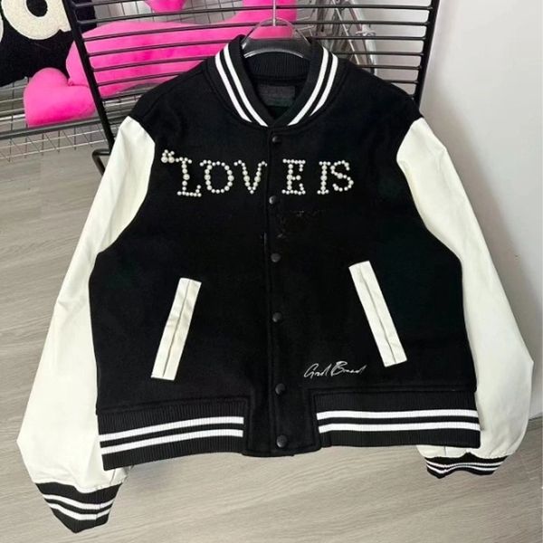 

Designer jacket, embroidered patchwork baseball jersey, trendy pearl decoration, unisex jacket, coat, warm outdoor versatile, Black