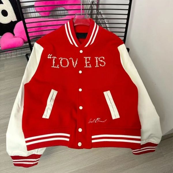 

Designer jacket, embroidered patchwork baseball jersey, trendy pearl decoration, unisex jacket, coat, warm outdoor versatile, Black