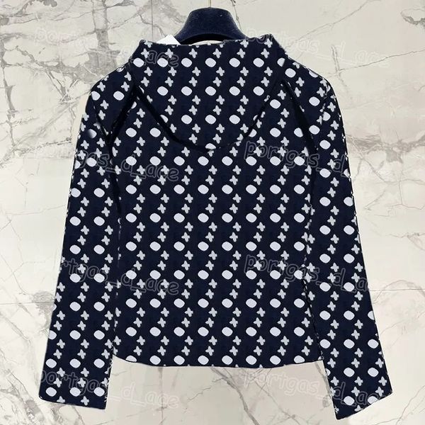 

Jacket designer luxury women's floral hooded navy blue and white long sleeved zipper jacket for spring and autumn casual daily sportswear, A1