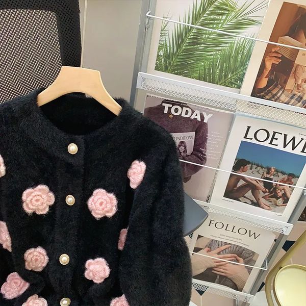 

Mink velvet soft and sticky style three-dimensional flower sweater cardigan wool sweater women' autumn knitted shirt, A2