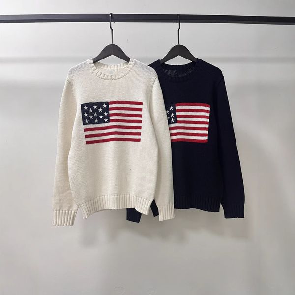 

Sweaters 25ss Autumn Winter New Heavy Industry Fivepointed Star Embroidery Striped National Flag Men and Women Wool Pullover Crew Neck Knitted Sweater Unisex tn, White