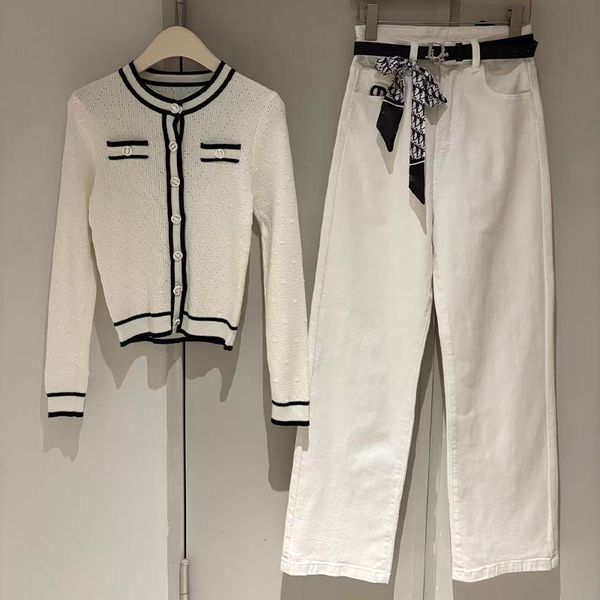 

Designer sweater jacket, small fragrance style contrasting color knit cardigan sweater, fashionable daily wear, warm, White