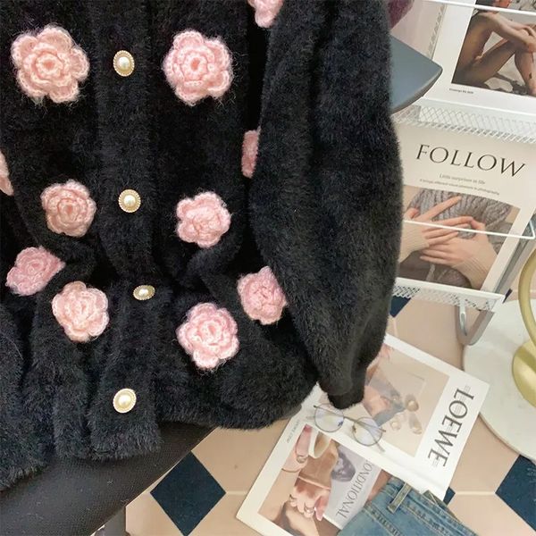 

Mink velvet soft and sticky style three-dimensional flower sweater cardigan wool sweater women's autumn knitted shirt, A2