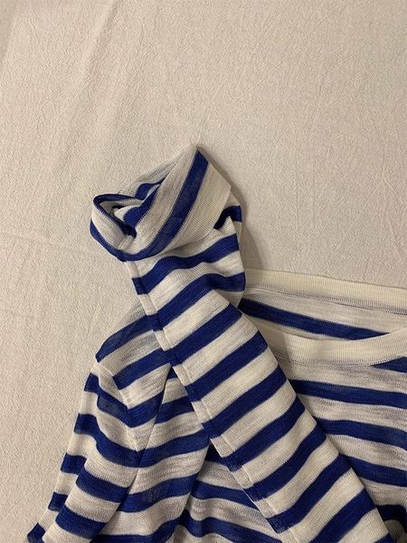 Highly Super Designer Hoodie Brightening~ Navy Blue Linen Striped Round Neck Long Designer Shirt Sleeve T-shirt Sun Protection Knitted Top Blue