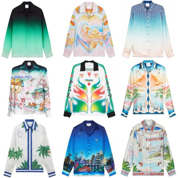

High Quality Designer Silk Shirt Printed Hawaii Casual Loose Men and Women Button Up Long Sleeve Shirt Beach Outwears Vacation Tops, Contrast color