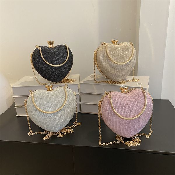 

High-end Textured Versatile Chain Handbag for Weddings & Evening Parties Women's Cute Heart-shaped Mini Clutch with Rhinestones (Top-handle, Shoulder & Crossbody Styles), Silver