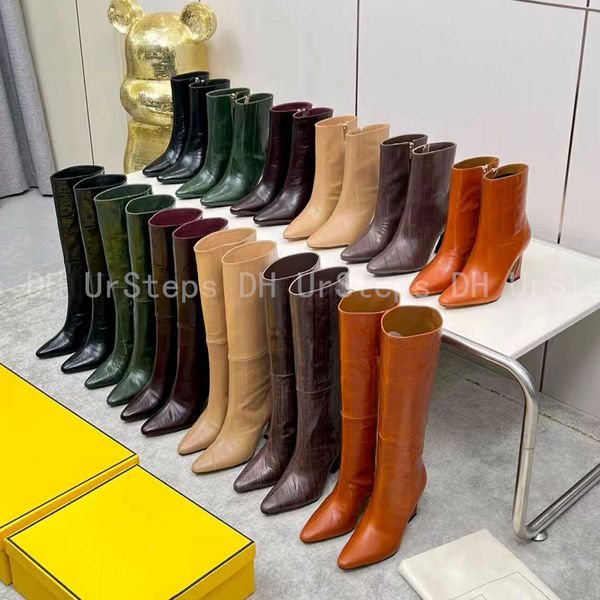 

Womens Heel Booties 7cm in Height Real Leather Fall Trendy Sexy Ankle/Long Boots Side Zipper Pointed Toe Boots, #7 long-black