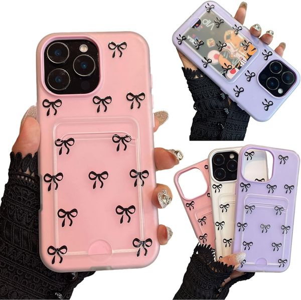 Card Holder Phone Case for iPhone 17 Pro Max 16 Plus 15 14 13 12 11, Bowknot Print Shockproof TPU 2 in 1 Protective Credit Card Wallet Case for Women Girls Support OEM DIY