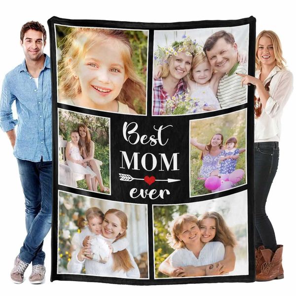 Blanket Custom Fleece Throw with 6 Photos Customized Mothers Day Birthday Gifts for Mom from Daughter Son Best Mom Ever Blankets W251016