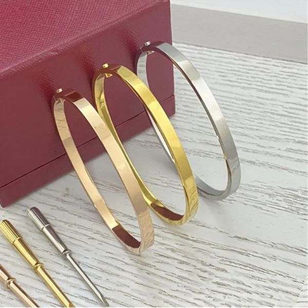 

classic 4MM wide thin narrow cuff bangle designer women non tarnish stainless steel plated gold high polish screw bracelet jewelry with screwdriver gift