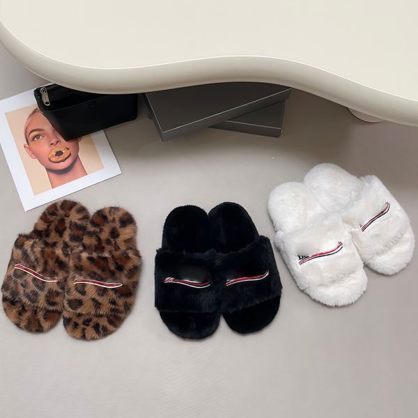 Cozy Embroidered Letter Slippers with Wavy Platform Sole - Plush Shearling Fuzzy Slides, Non-Slip Indoor/Outdoor Shoes in Leopard, Black, White