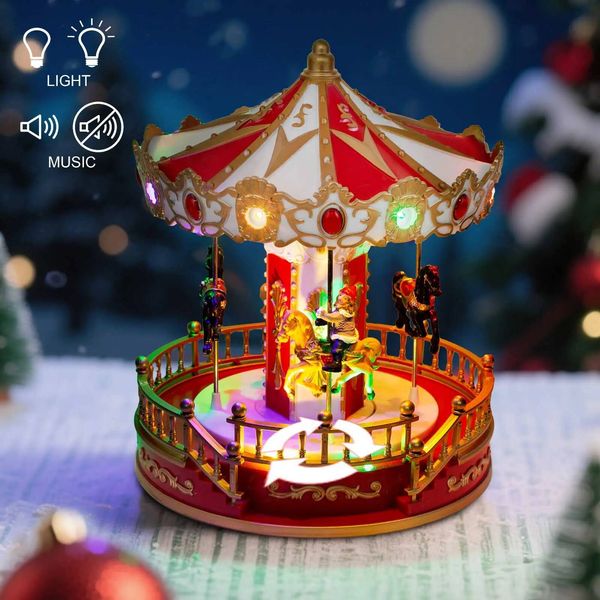 Animated Christmas Carousel with Musical LED Light Indoor Table Decoration Collection Village Accessory for Home Holiday Display ddmynov