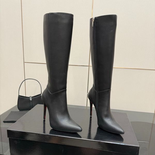 Dagger heel knee high boots Luxury designer women stiletto heel zip knee boot Pointed toe genuine leather boot Ladies elegant fall winter boot Factory footwear