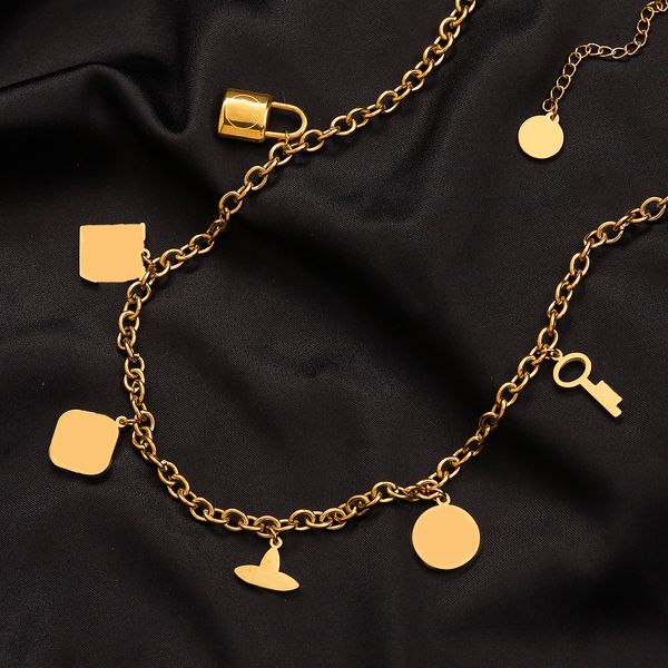 

Never Fading Gold Plated Brand  Pendants Necklaces Stainless Steel Letter Choker Pendant Necklace Beads Chain Jewelry gift for women, Color#11