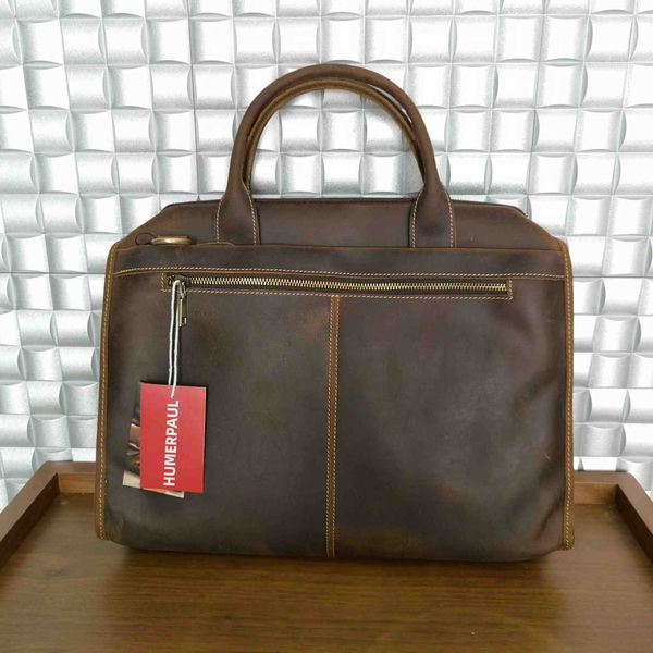 HUMERPAUL 100 Genuine Leather Travlling Bags Office Business Briefcase For Men Vintage Cowhide Designer Messenger Bag W251022