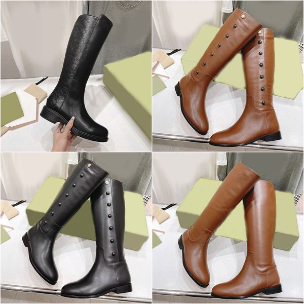 Low heels riding boots chelsea designer woman knee high womens autumn winter women classic letter imprint brown black leather
