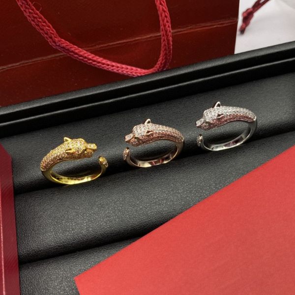 

Luxury Ring Designer Leopard Head Open Ring for Women and Men Full of Diamonds Personality High-end 18K Gold Classic Style High-quality Couple Rings Christmas Gift
