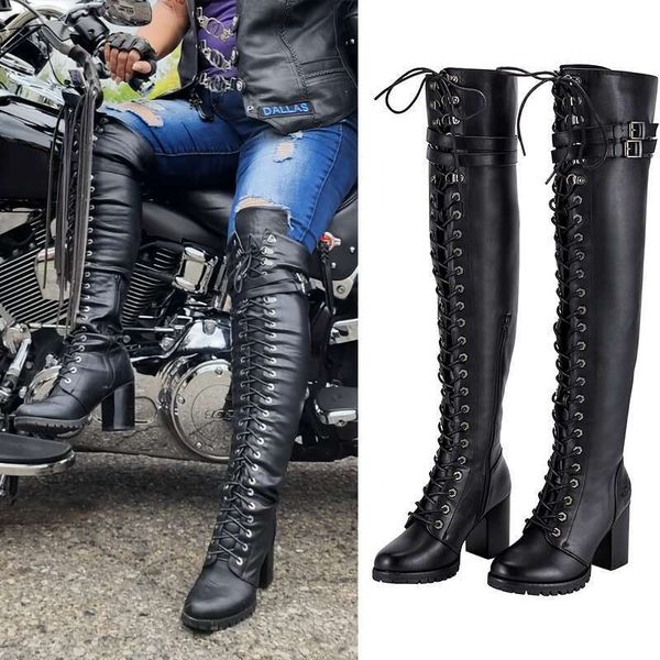 Women's Faux Leather Over The Thigh Boots, Black Lace Up Knee High Chunky Heel, Sexy Biker Boots With Buckle