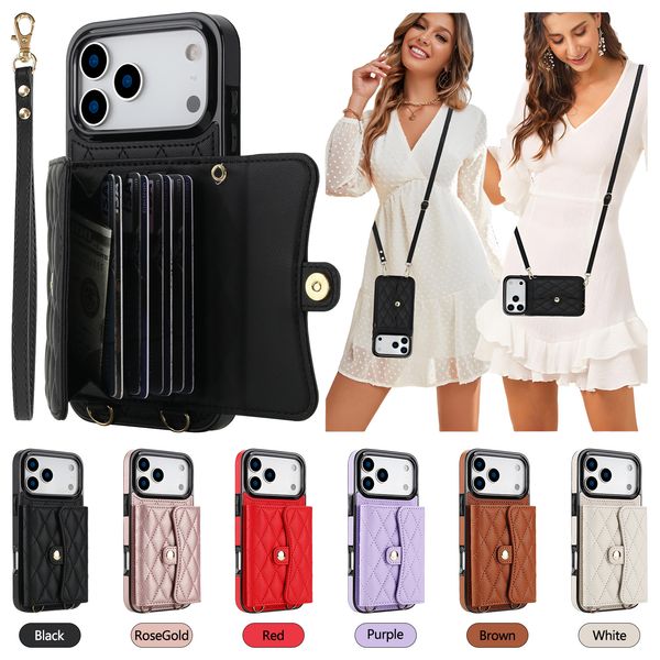 Crossbody Card Wallet Phone Case for iPhone 17 Air 16 15 14 13 12 11 Pro Max Samsung S25 S24 S23 Ultra Plus FE A55 A54 A35 A16 5G 4 Card Slots Diamond Textured PU Leather Cover