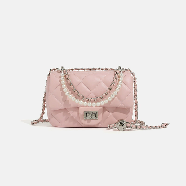

Classic diamond-shaped embroidered thread small square bags fashionable pearl chain single shoulder crossbody women's bag, Beige