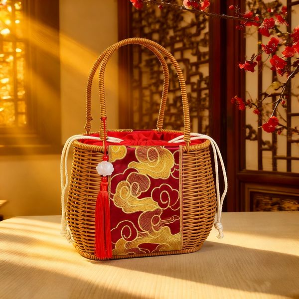 

Handmade Chinese-style Trendy Retro Tote Bag, Gift Bag, Storage Bag, Rattan Bag, Women's Embroidered Totem Rattan Bag