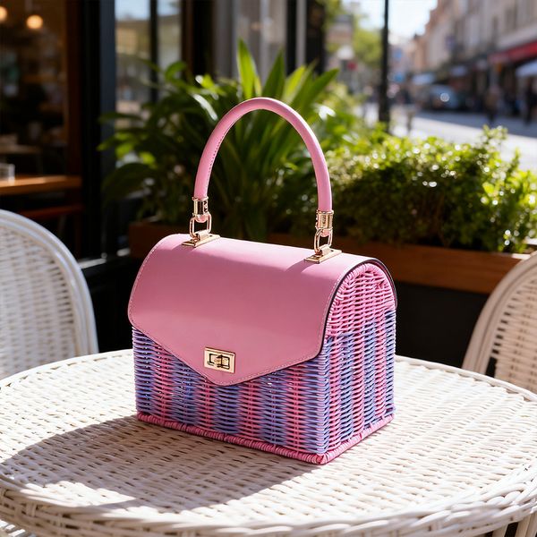 

Handcrafted Womens Color Block Rattan Tote - Spacious Storage for Gifts & Decor