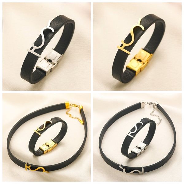 

Classic Designer Leather Bracelet Necklace Set Stainless Steel Letter Bracelet Necklace Gold Plated Silver High Quality Jewelry Set Christmas Gift with Box, Black