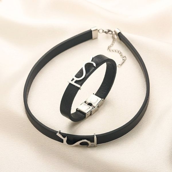 

Designer Bracelets Necklace Set Luxury Stainless steel Leather Material Letter Bracelets with Gold Silver Plating High Quality Jewelry Sets Christmas Gift, Black